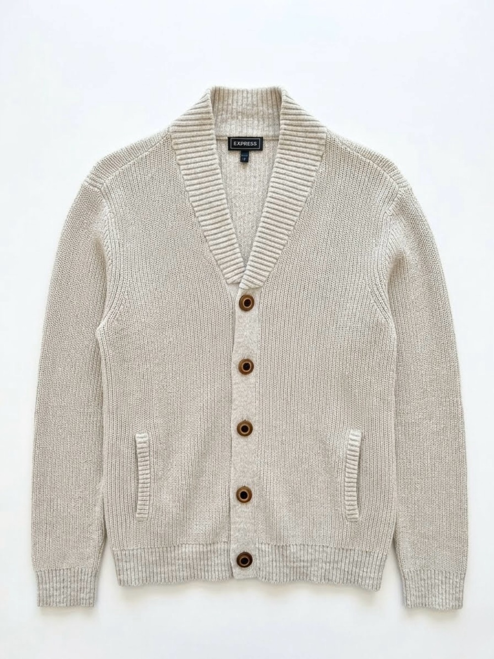 Express Shawl Collar Ribbed Knit Cardigan Sweater Oatmeal Gray L Preppy Academia